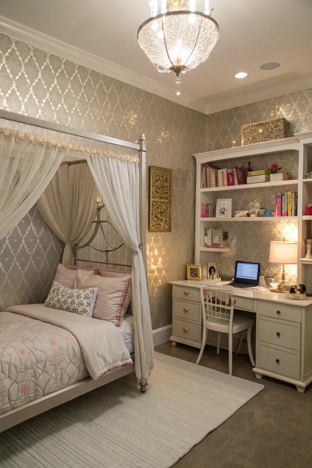 Shimmery accents bring glamour and refinement.