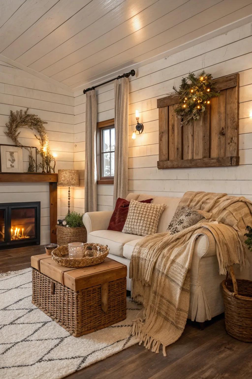 Achieve rustic charm with plank design wallpaper for a cozy atmosphere.