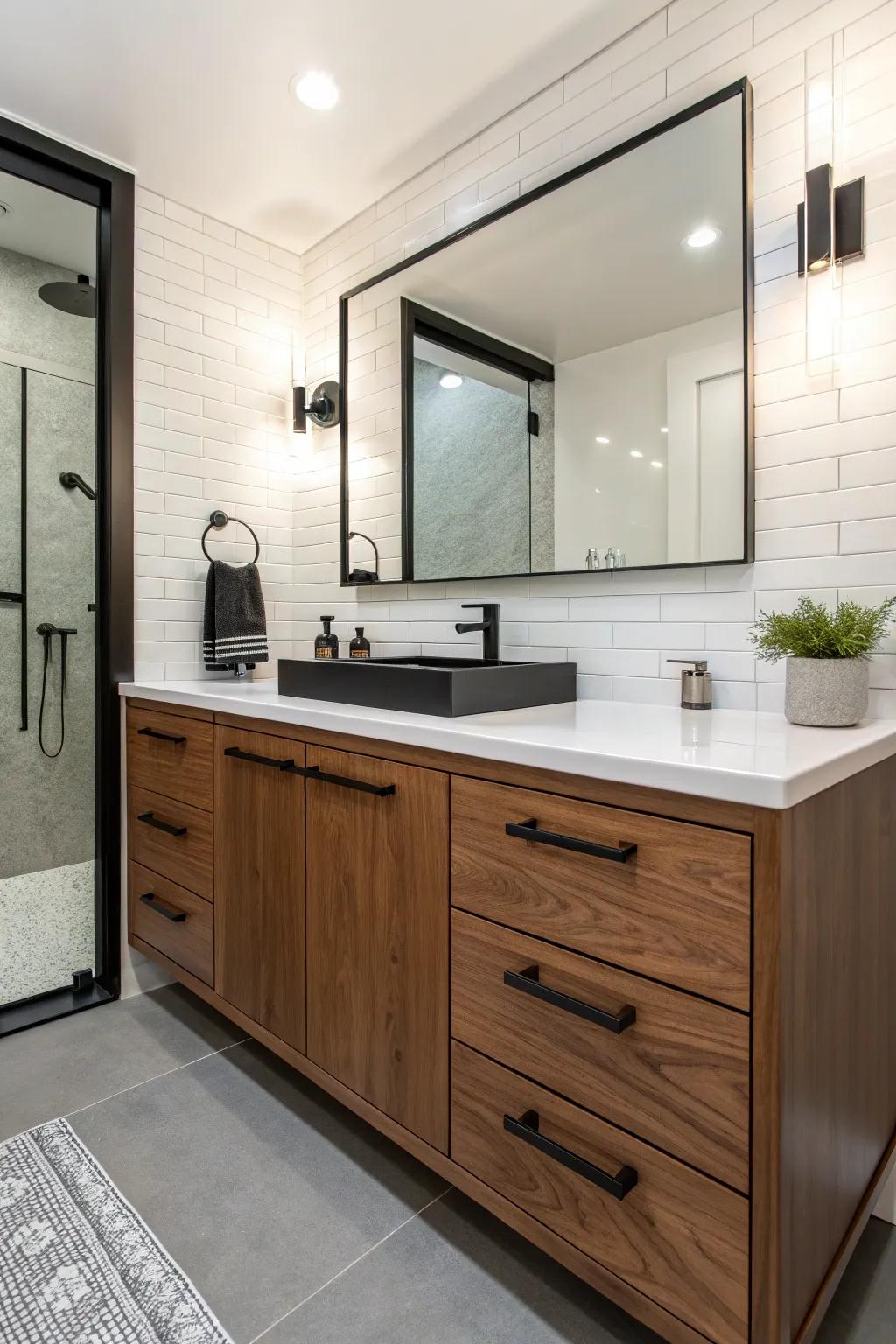 Attain a contemporary appearance utilizing the impactful contrast between pecan and onyx.