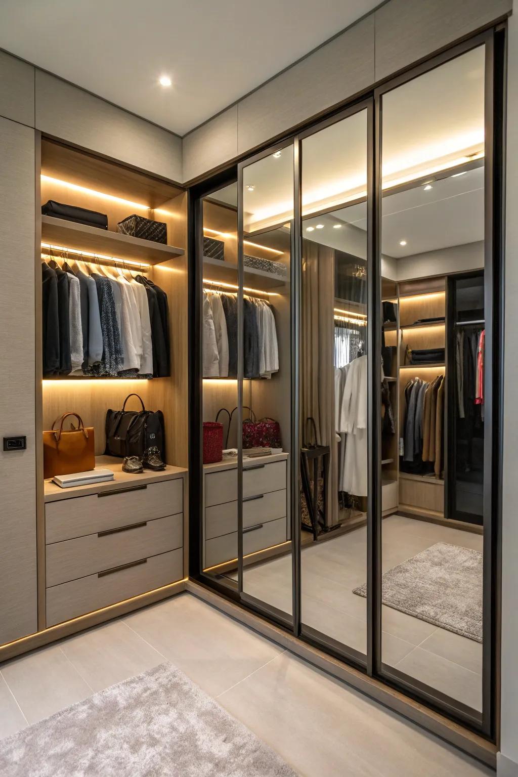 Mirrored doors add both depth and functionality to your closet.