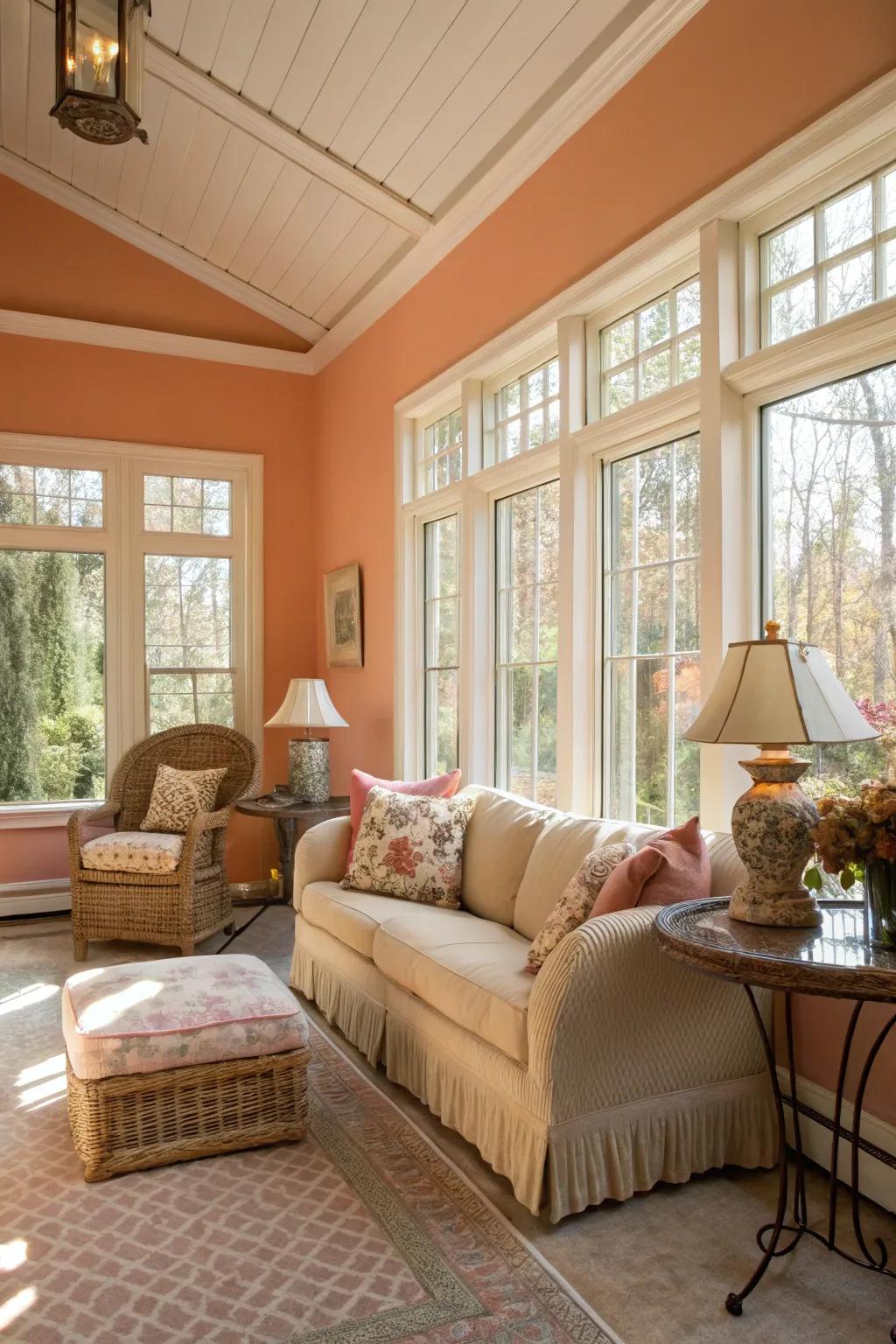 Sunroom with gentle peach walls, providing subtle warmth and comfort.