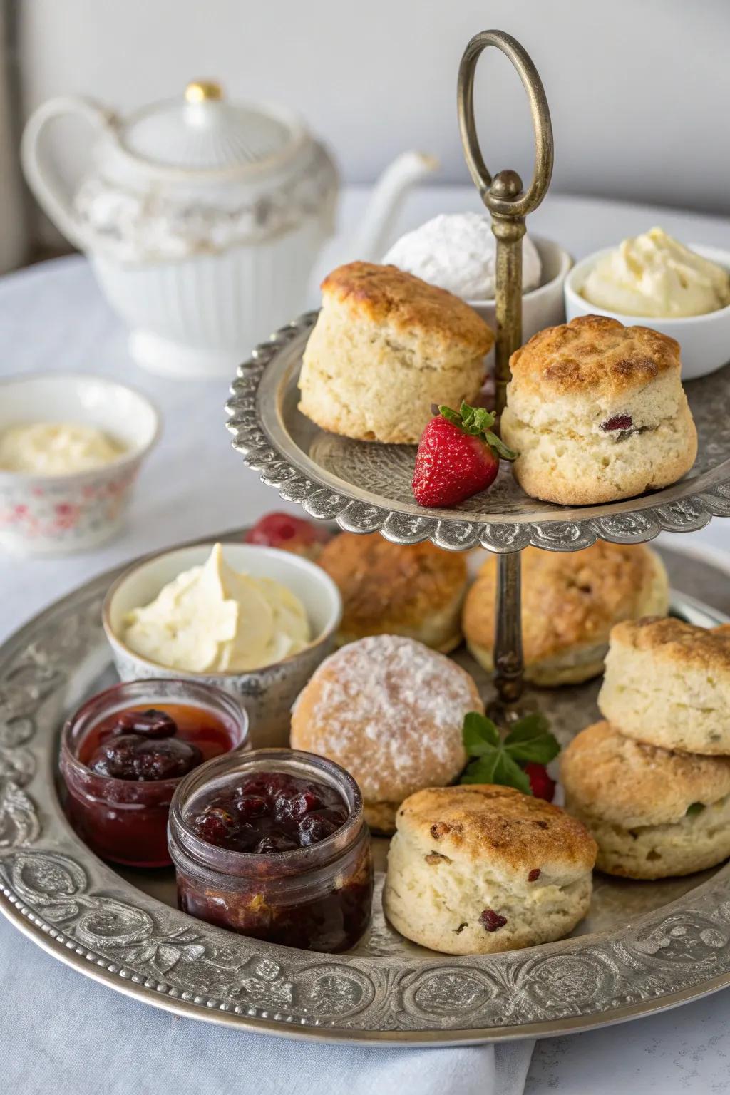 A selection of tea cakes accompanied by various conserves and thickened cream for a cozy touch.