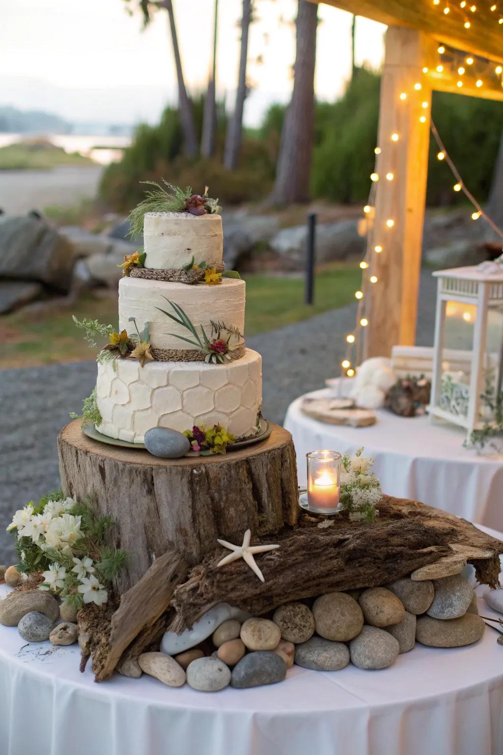 Organic details introduce a distinctive touch to the cake presentation.