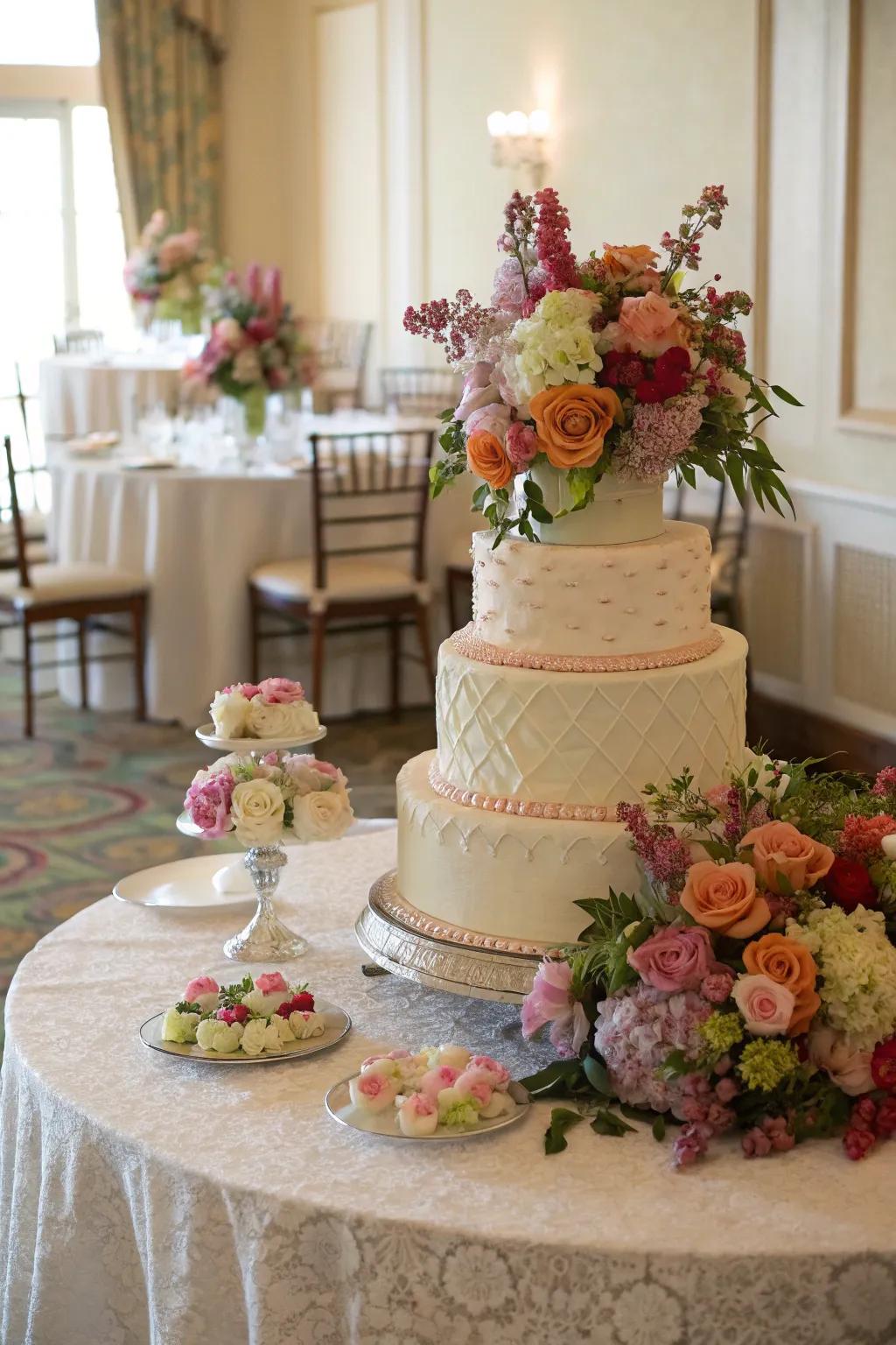 A wedding cake arrangement embellished with fantastical bloom arrangements.