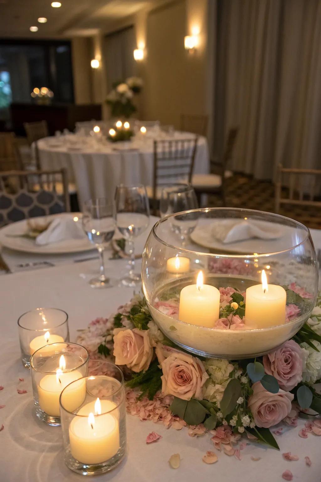 Floating candles contribute a serene and enchanting nuance to the centerpiece.