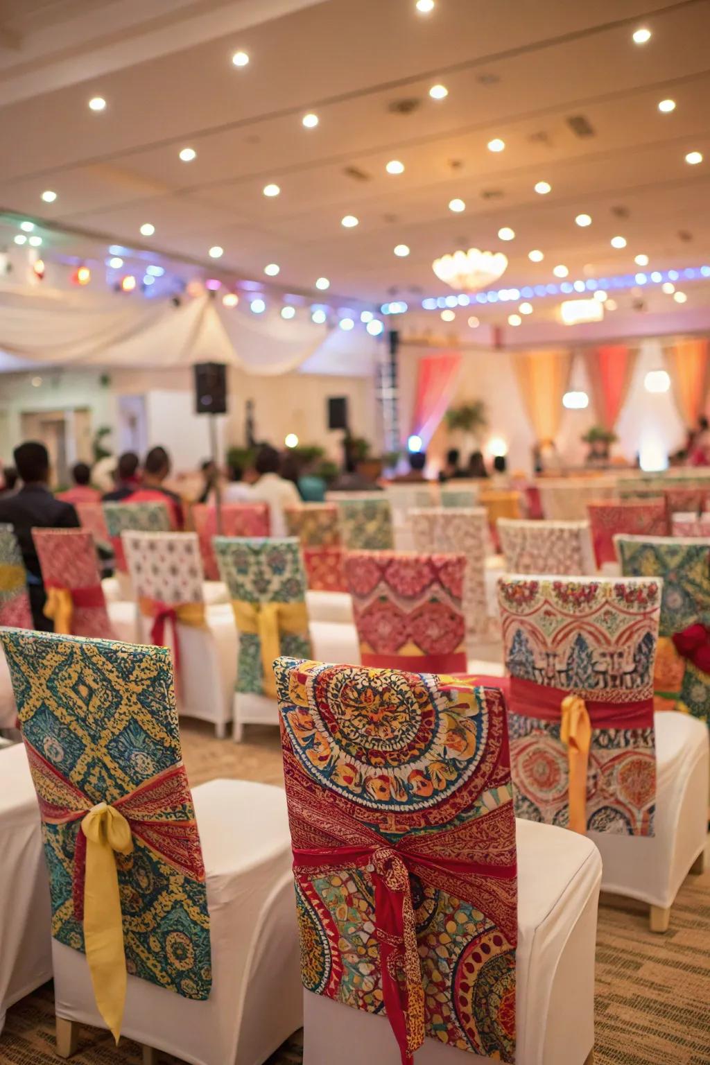 Patterned covers introduce a playful touch to wedding décor.