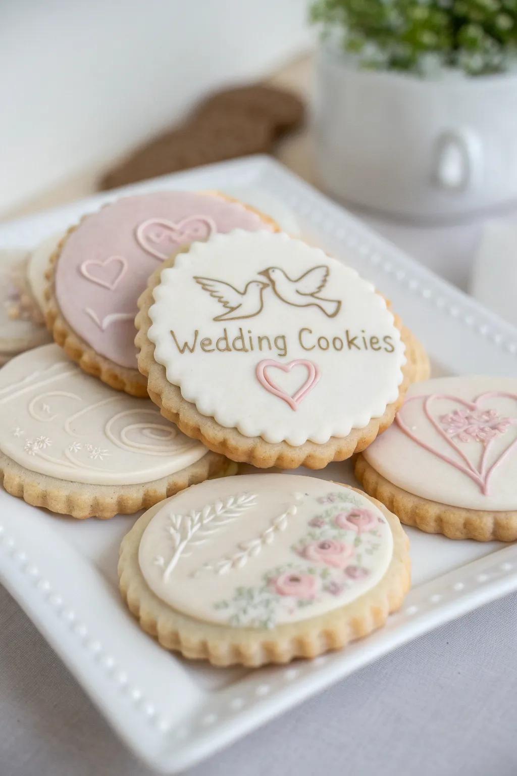 Bespoke imprinted cookies make a unique announcement at weddings.