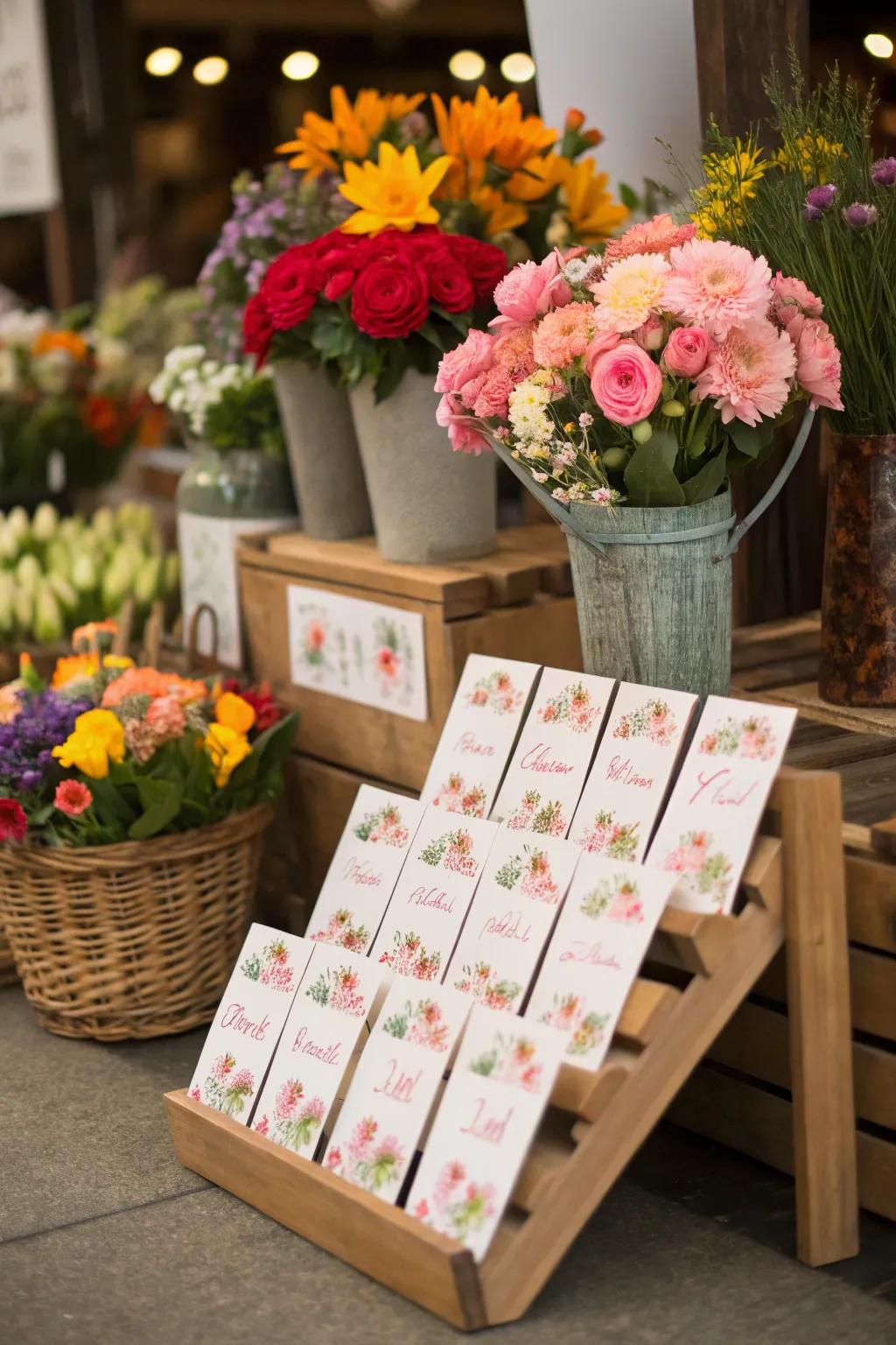 A unique placement tag display at a wedding, showcasing a charming flower market theme.