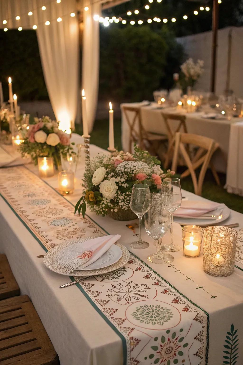 A wedding table showcasing artistic table linens and amplifying decor.