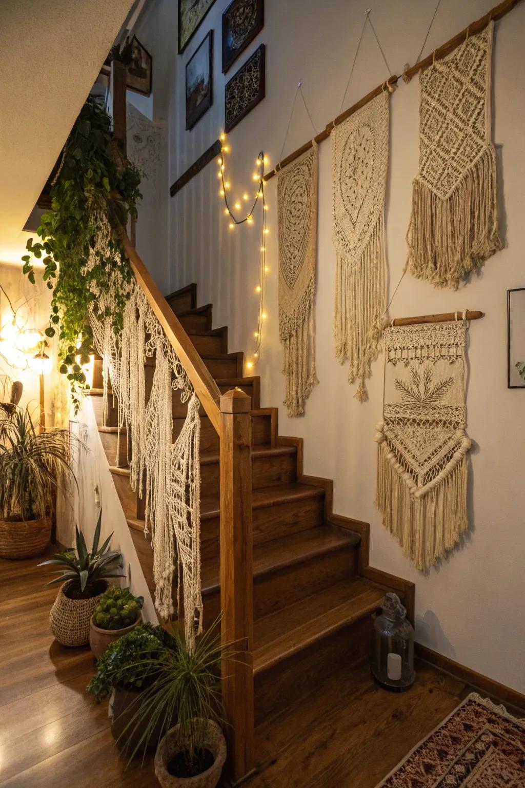 Bohemian features impart a chilled and eclectic vibe to this staircase.