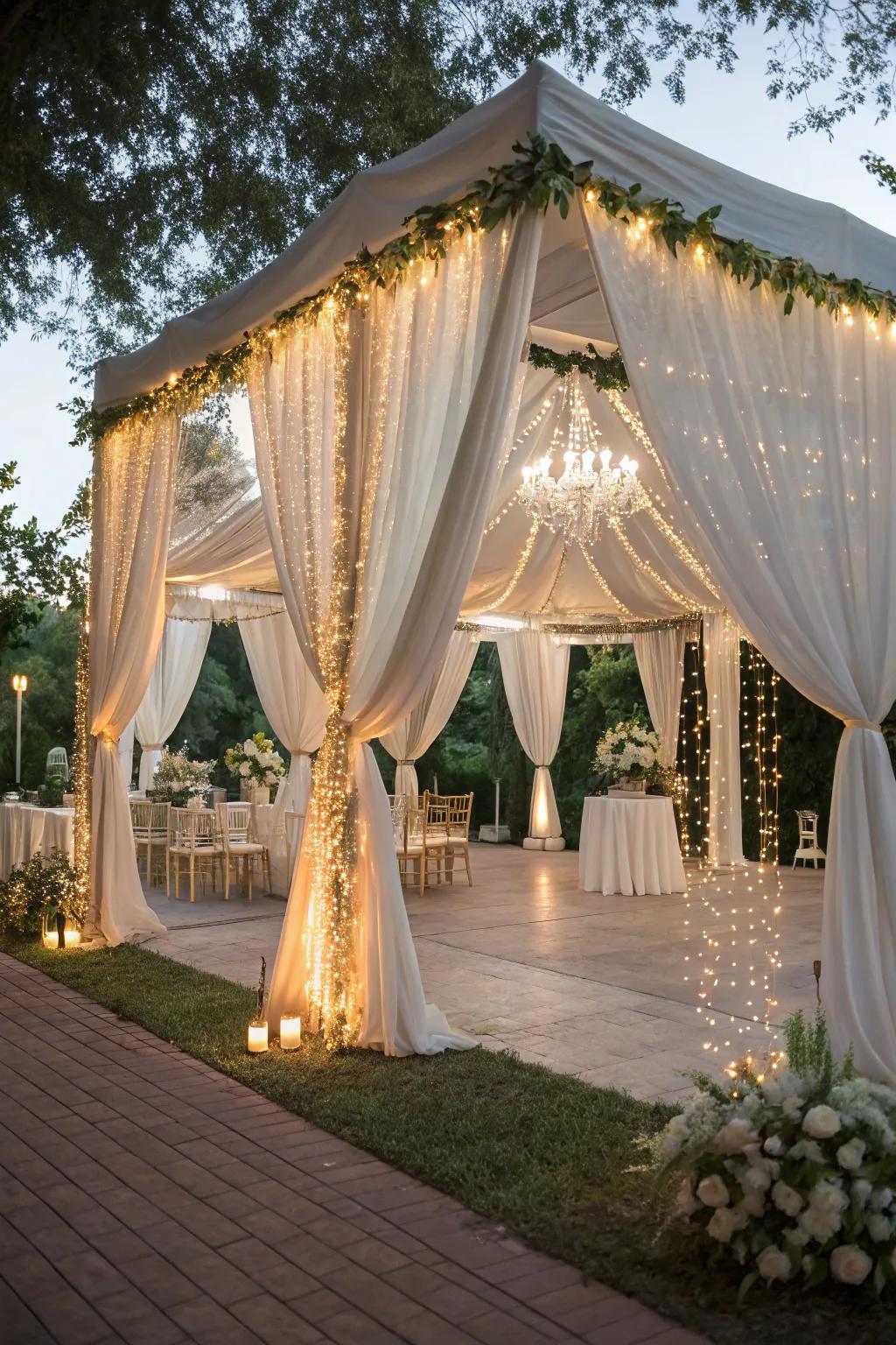 An enchanting open-air tent setting, adorned with elegant drapery and twinkle lights.