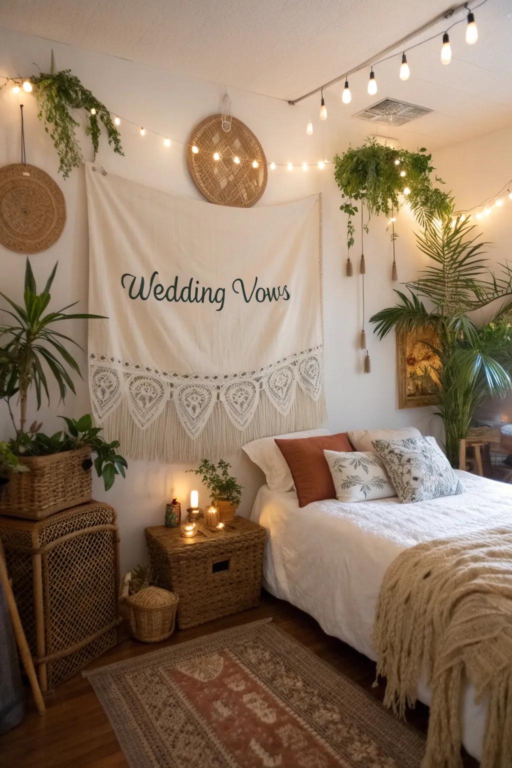 Free-spirited hanging of vows crafting a stunning guest suite statement.