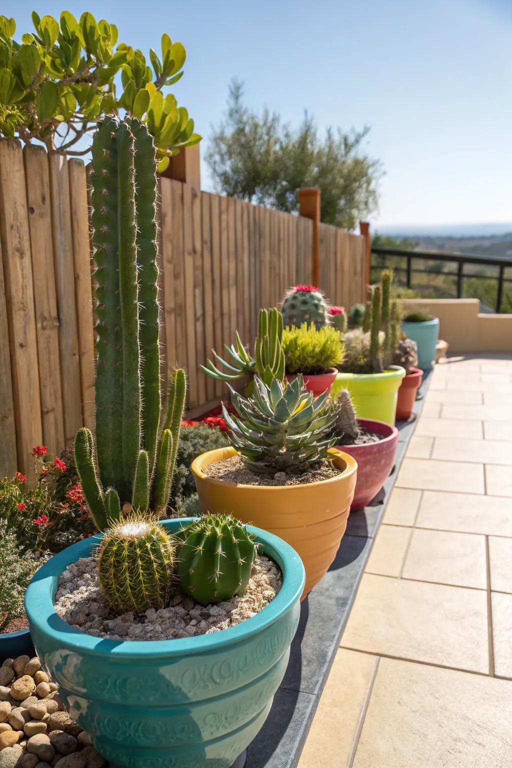 Cacti and fleshy plants contribute a desert ambiance to the patio.