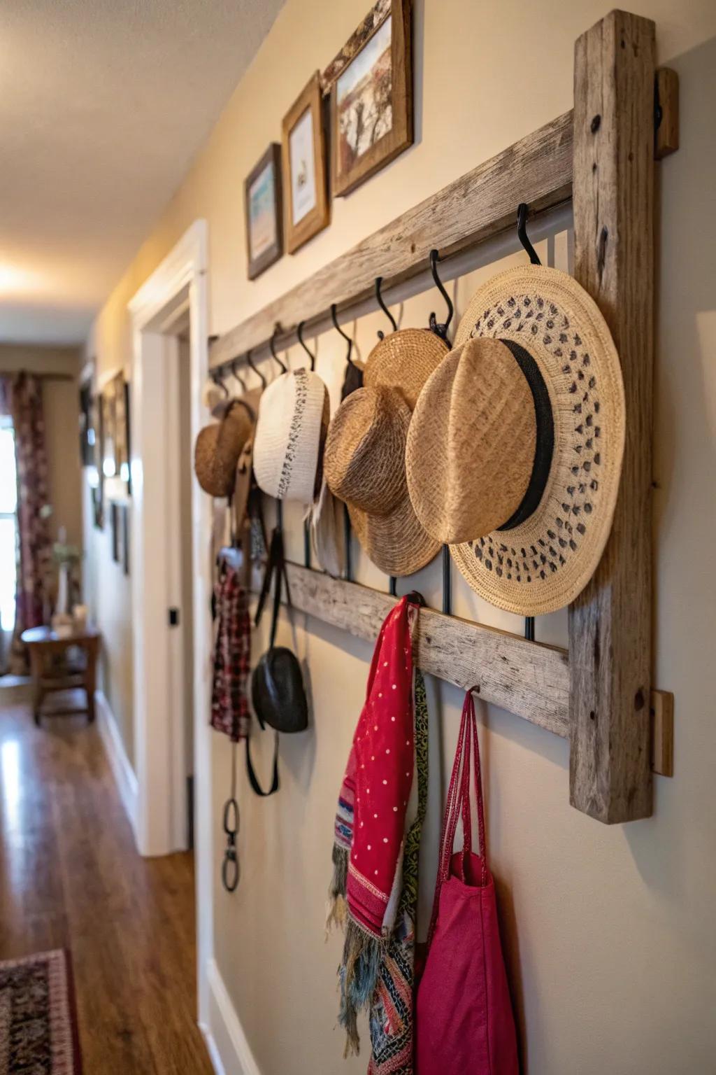 Rustic wooden hat rack displaying a collection of hats.