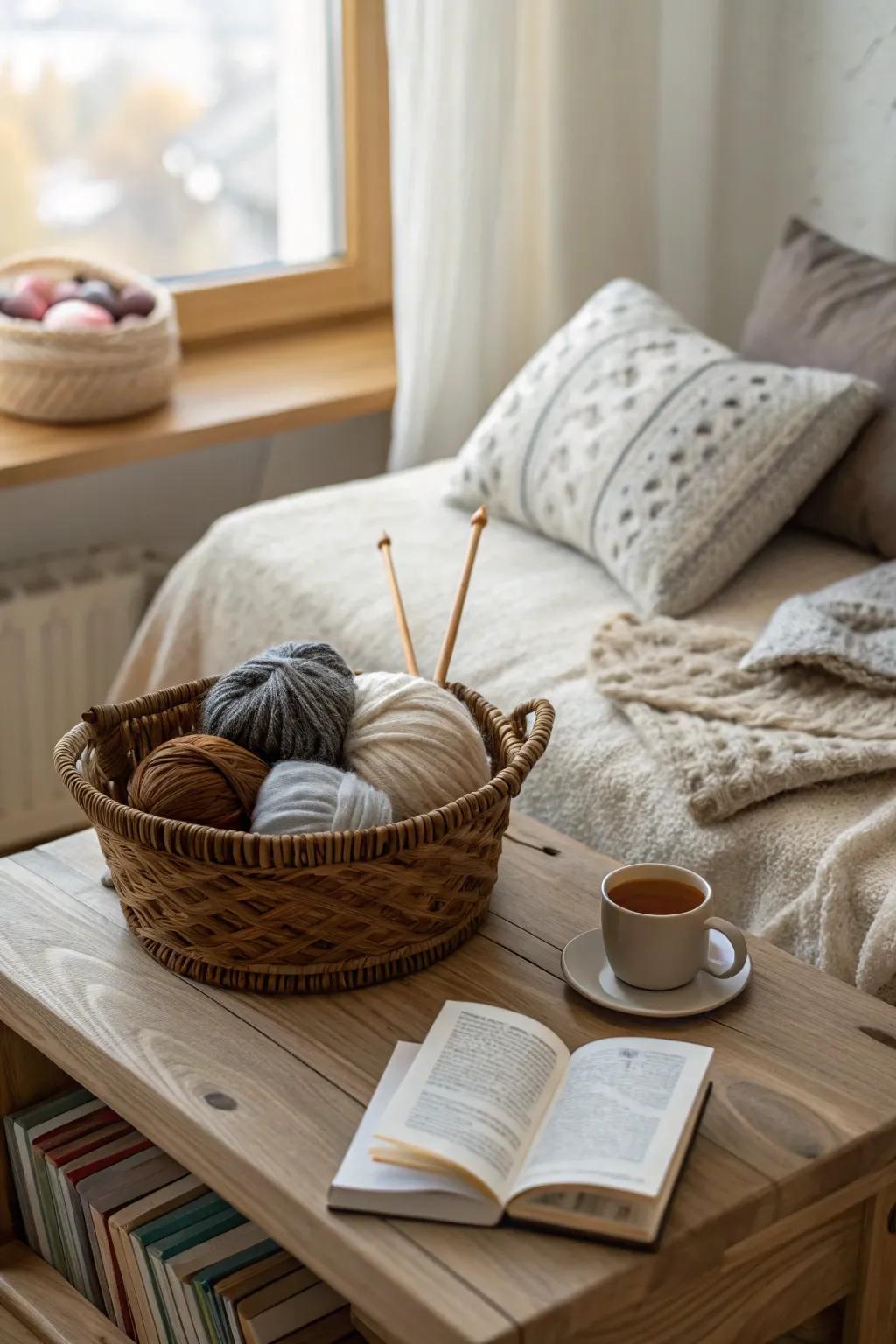 A basket for craft essentials keeps your creative instruments organized and accessible.