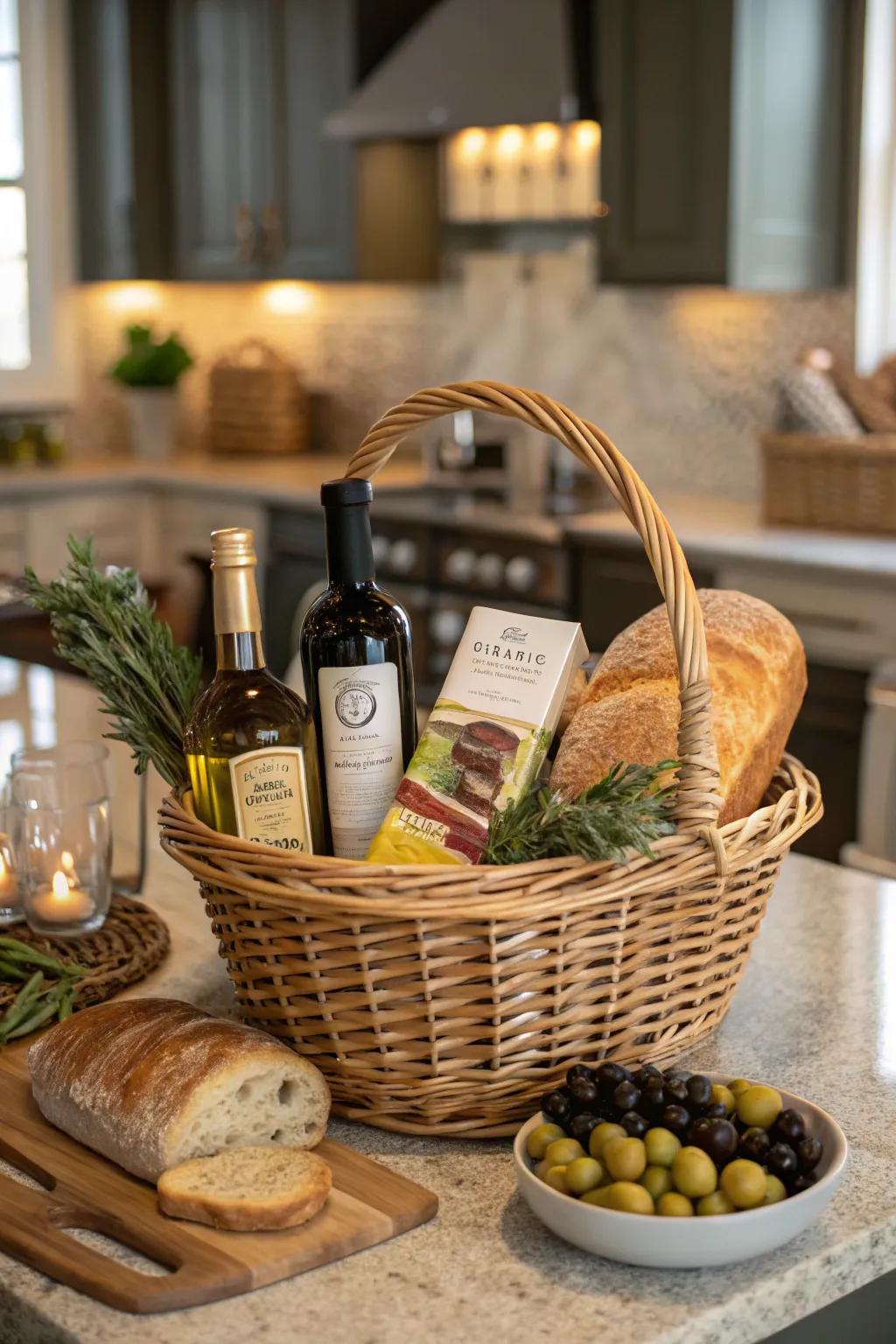 A gourmet basket functions as a delectable and decorative cooking area centerpiece.