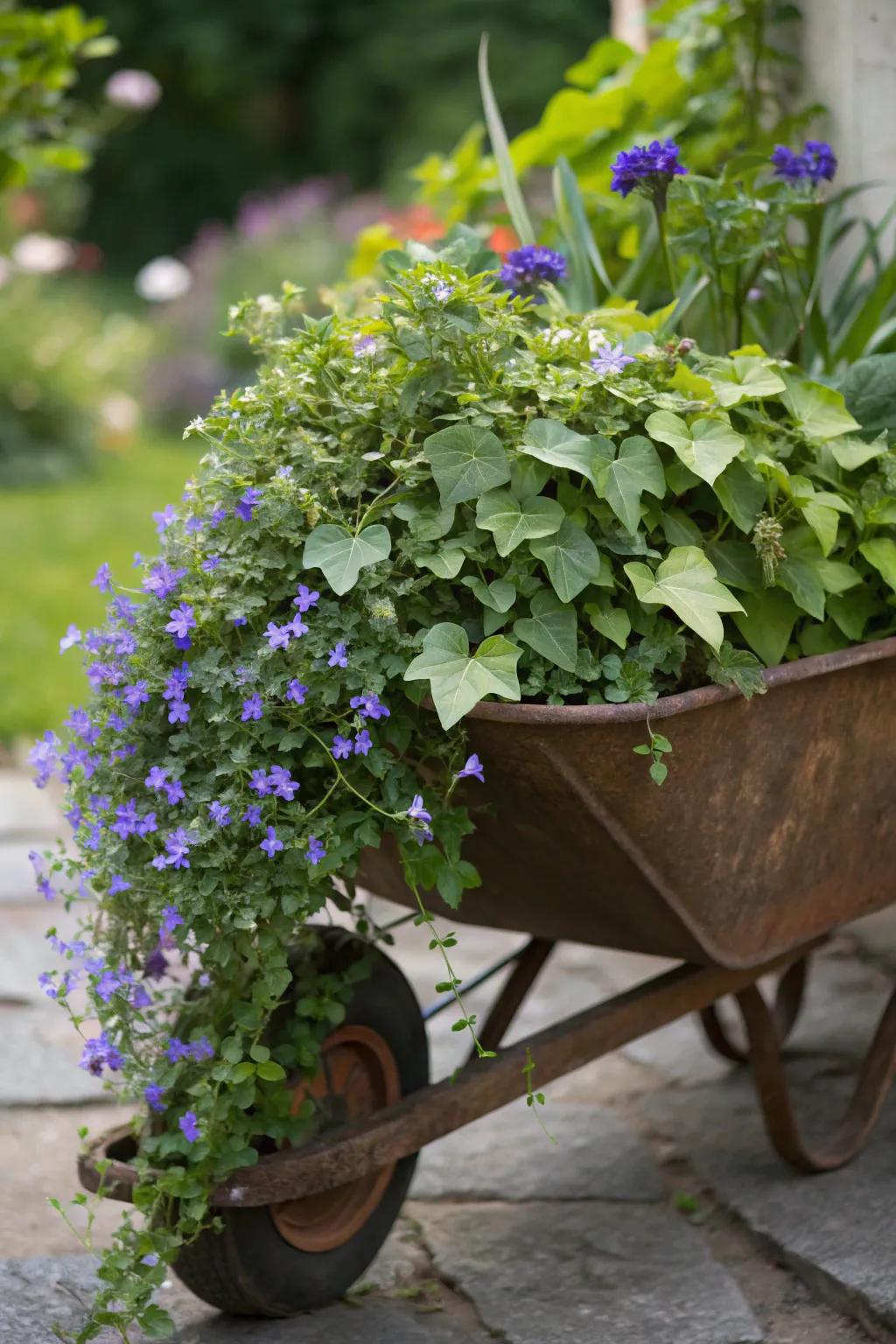 Allow flowers to dramatically spill from your wheelbarrow.