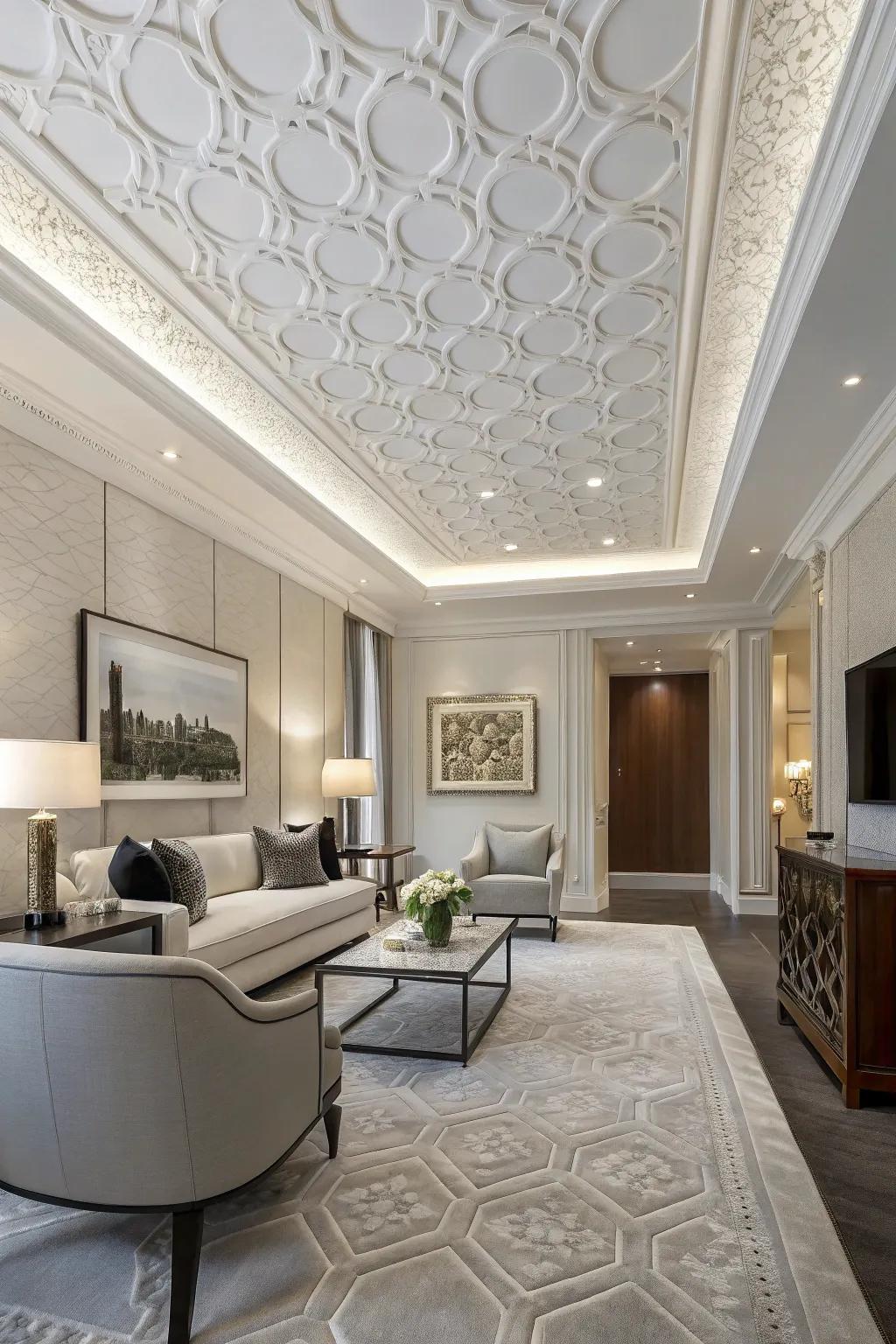 A room rocking a white ceiling with a subtle pattern, adding a touch of sophistication.