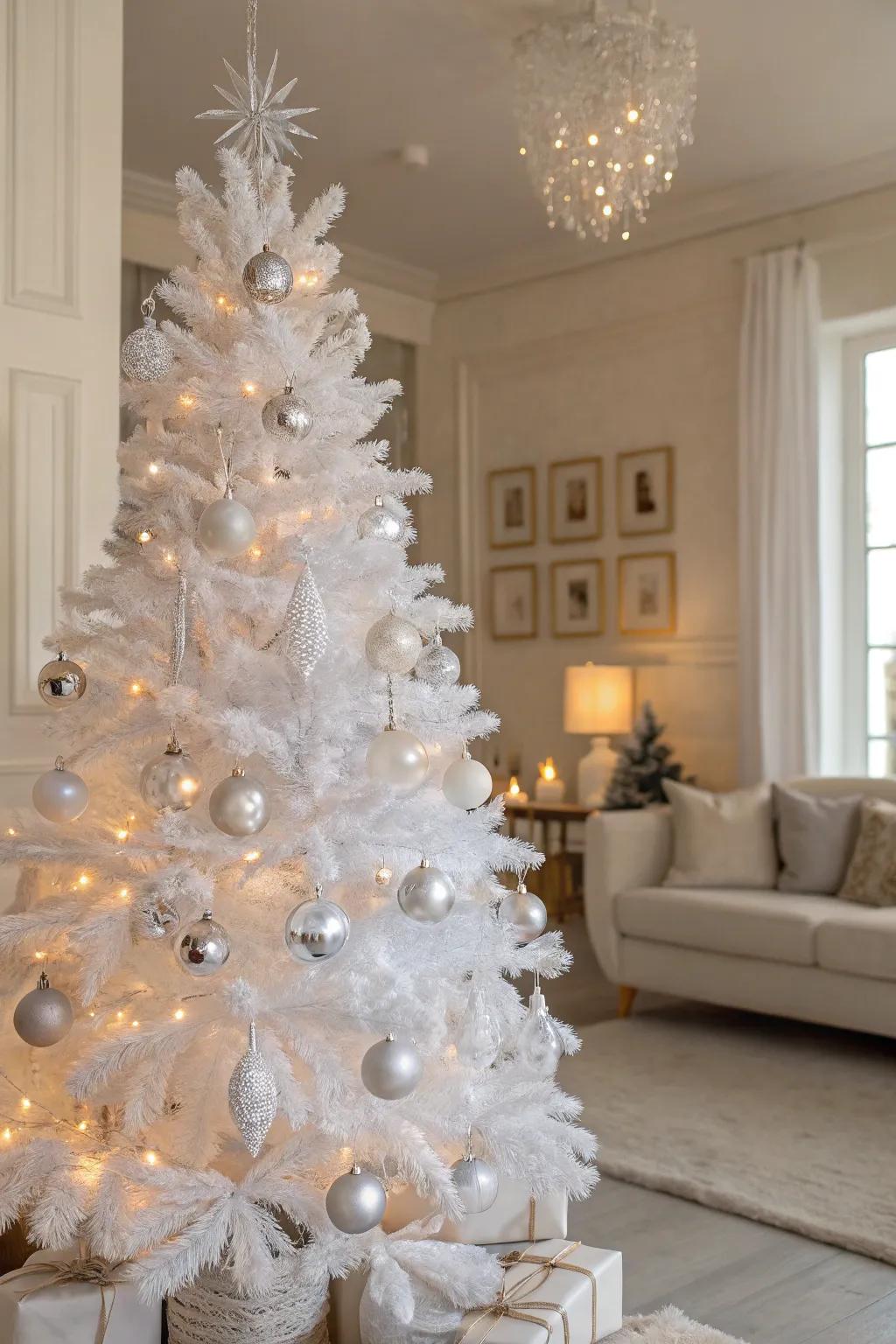 Understated elegance with sheer glass ornaments on a snow-white holiday tree.