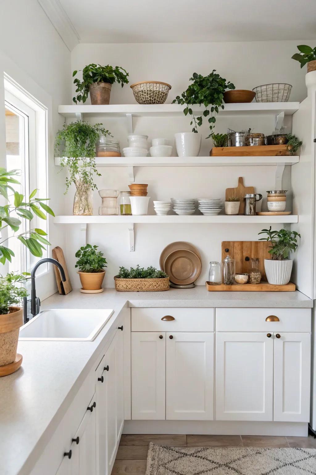 Open shelving lends a personal gesture, exhibiting kitchenware in the white kitchen.