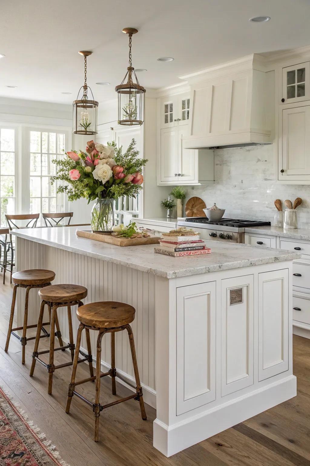 A center island offers style and function in the kitchen.