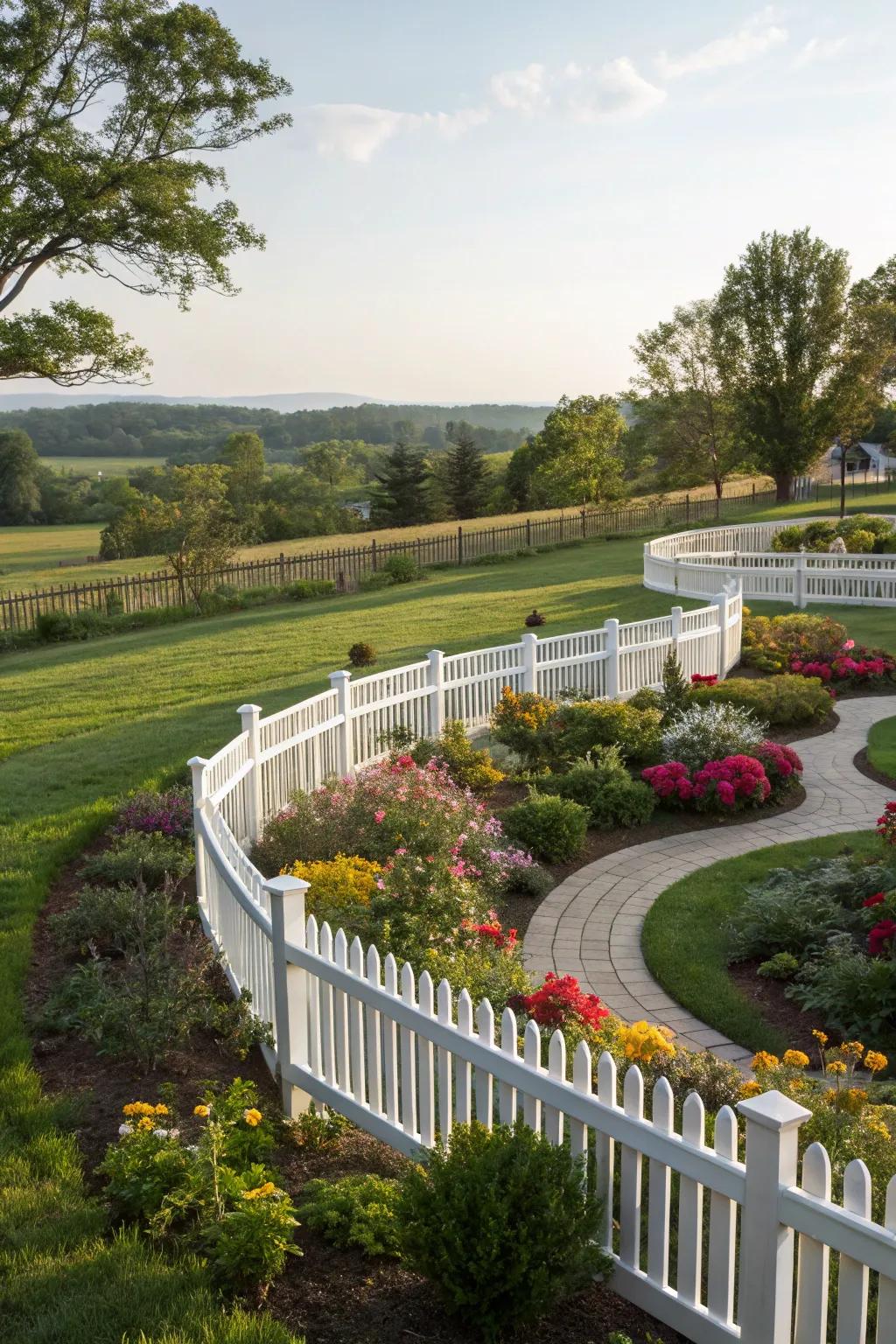 A curvilinear white fence appends an elegant nuance to garden aesthetics.