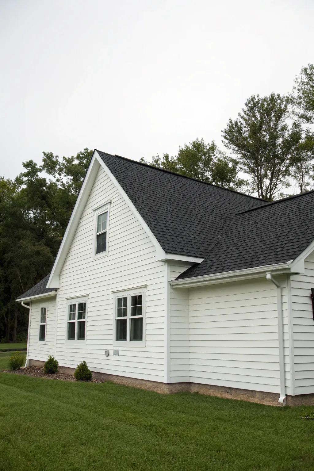 A house with a bold, contrasting dark top and white vinyl siding.