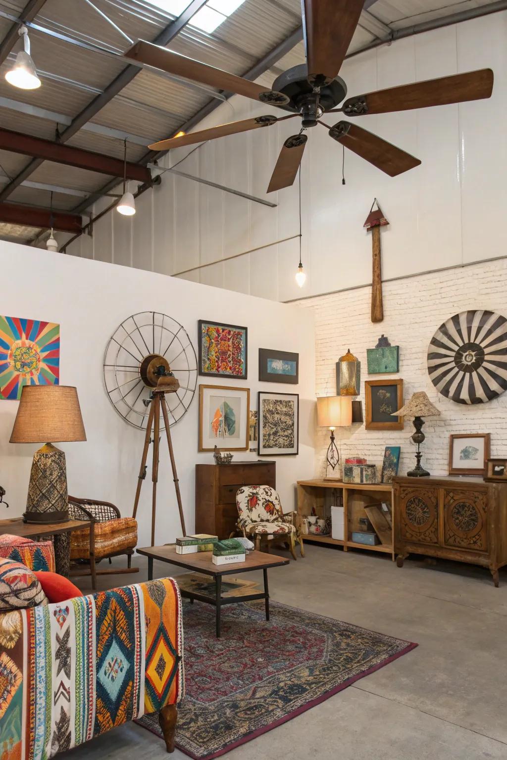 A pinwheel overhead fan functions as both a statement piece and a practical element.