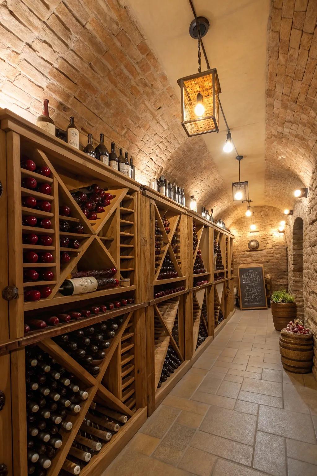 Wine cellar showcasing ornamental bottle displays that introduce artistic flair.