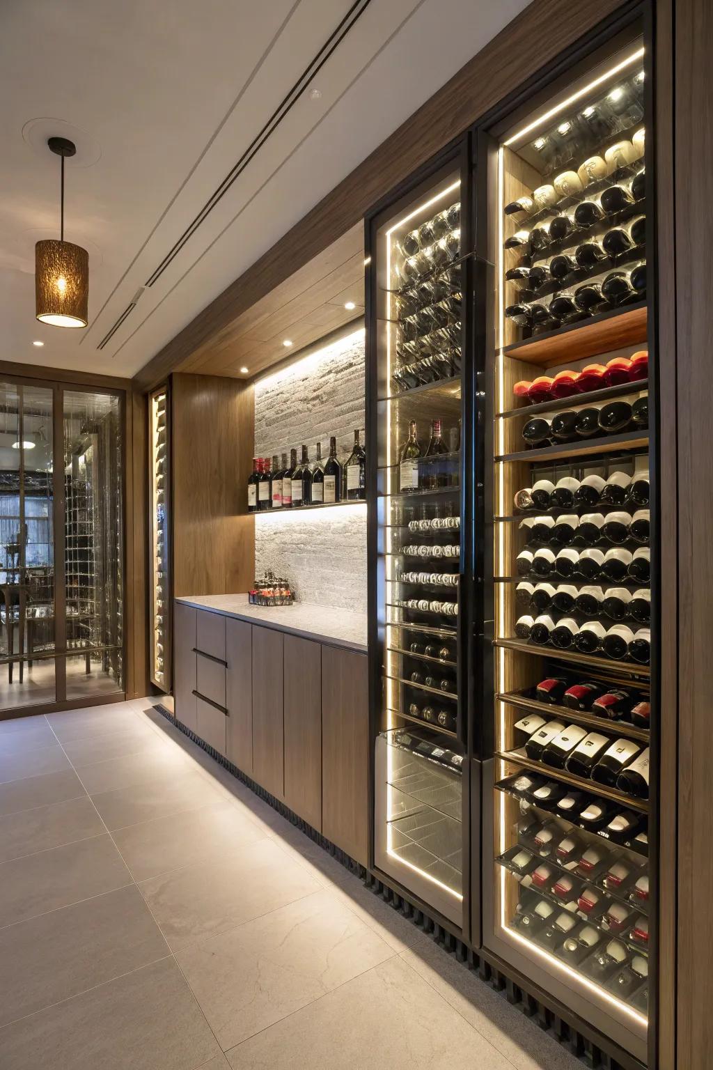 Wine bottles showcased like art on illuminated walls.