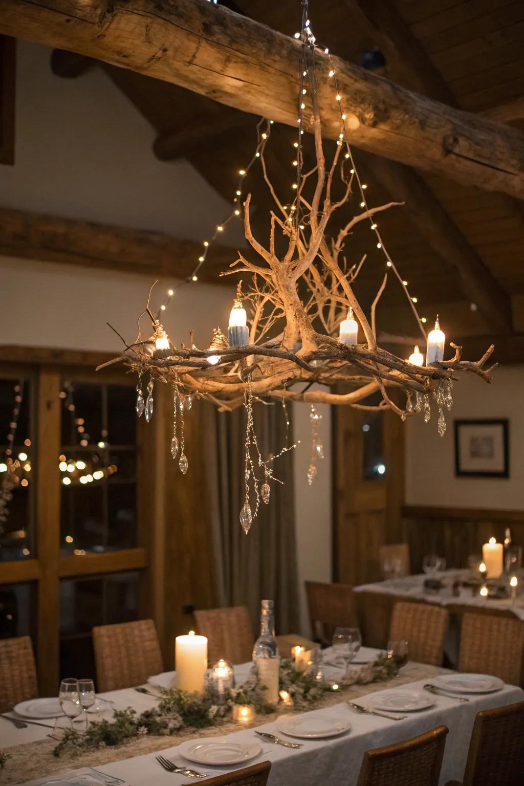 A branch candelabra with fairy lights casts an ethereal radiance.