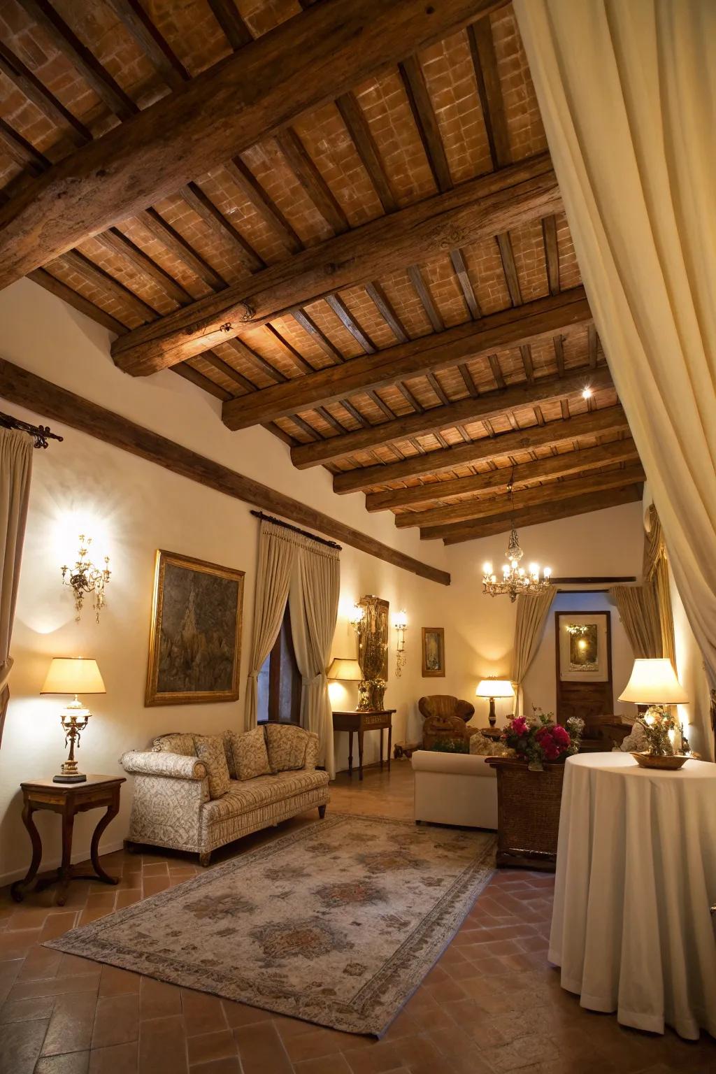 Rustic wooden ceiling beams adding architectural interest