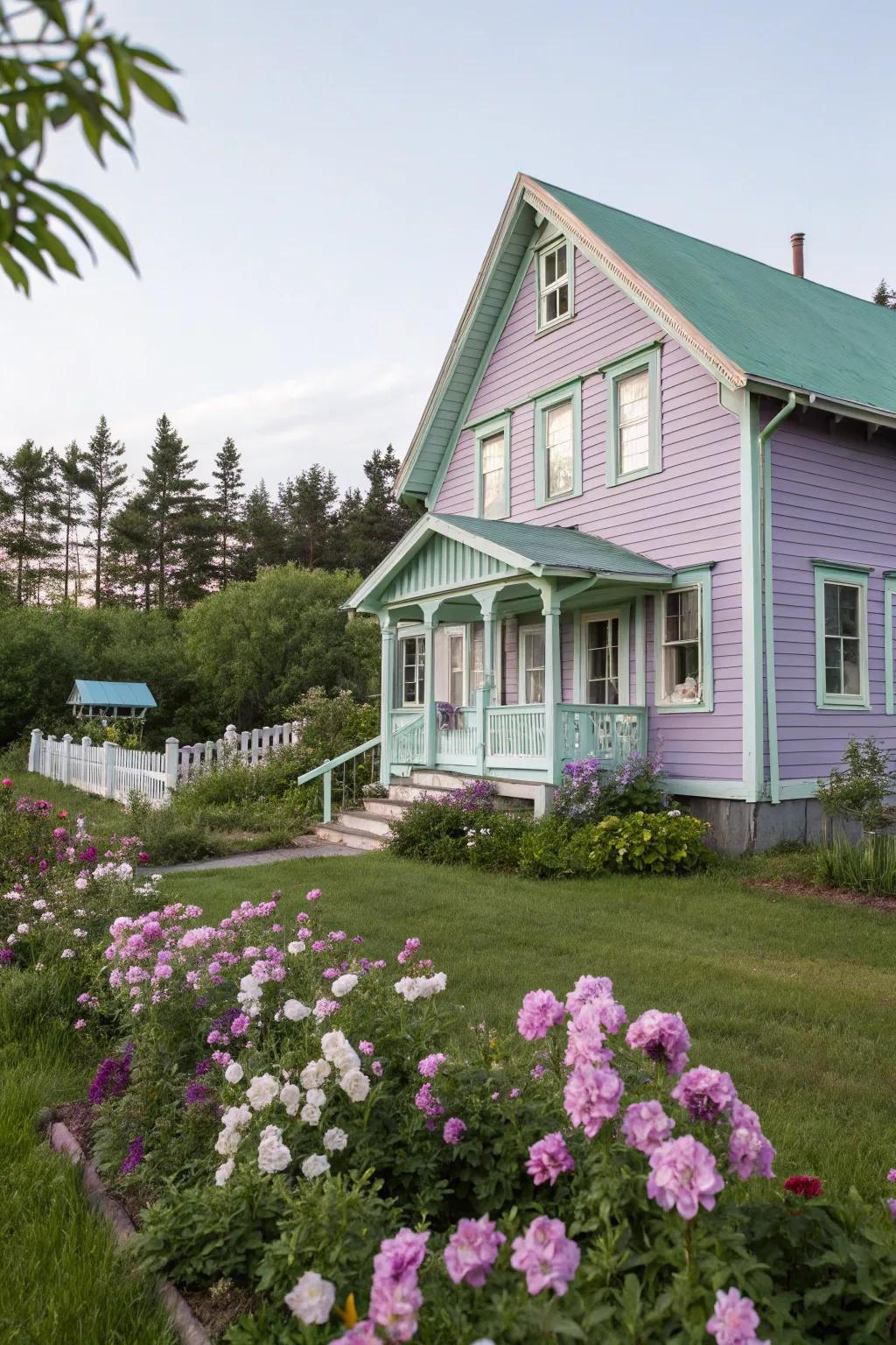 A wood home with a pastel color scheme, creating a calming and unique facade.