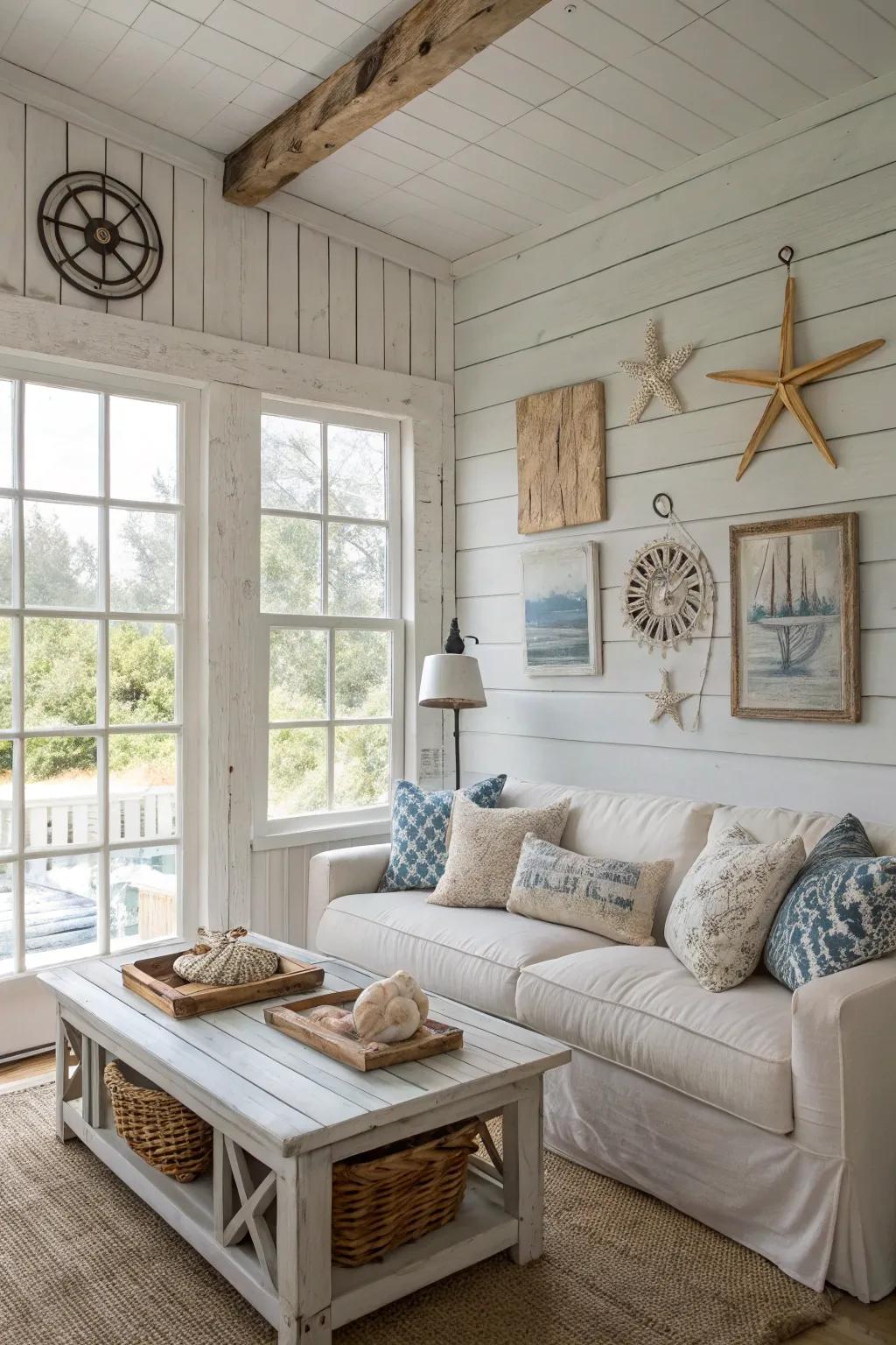 Whitewashed panels evoke a serene, coastal ambiance that's effortlessly relaxing.