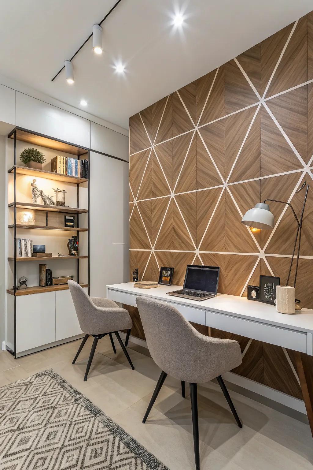 A modern study featuring a geometric wood design that adds an edgy touch.