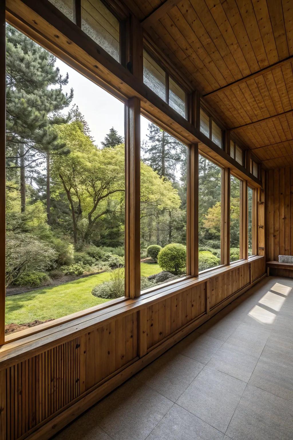 A room where wood panels join with nature.