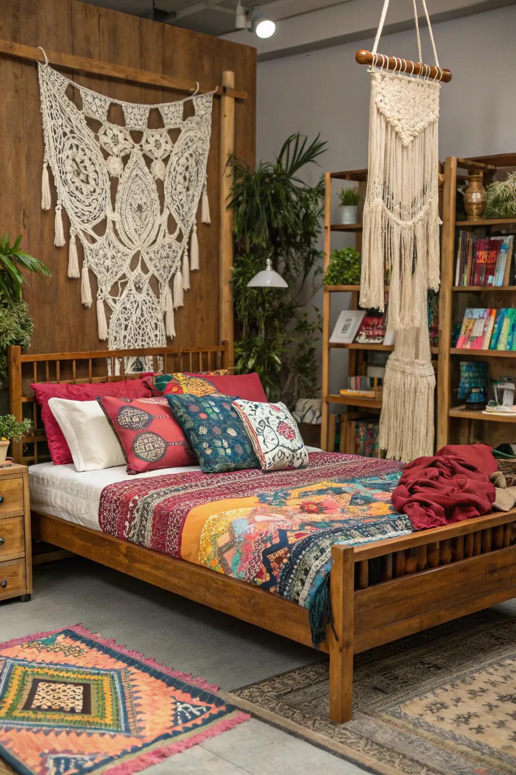 The Bohemian style animates this wooden bed.