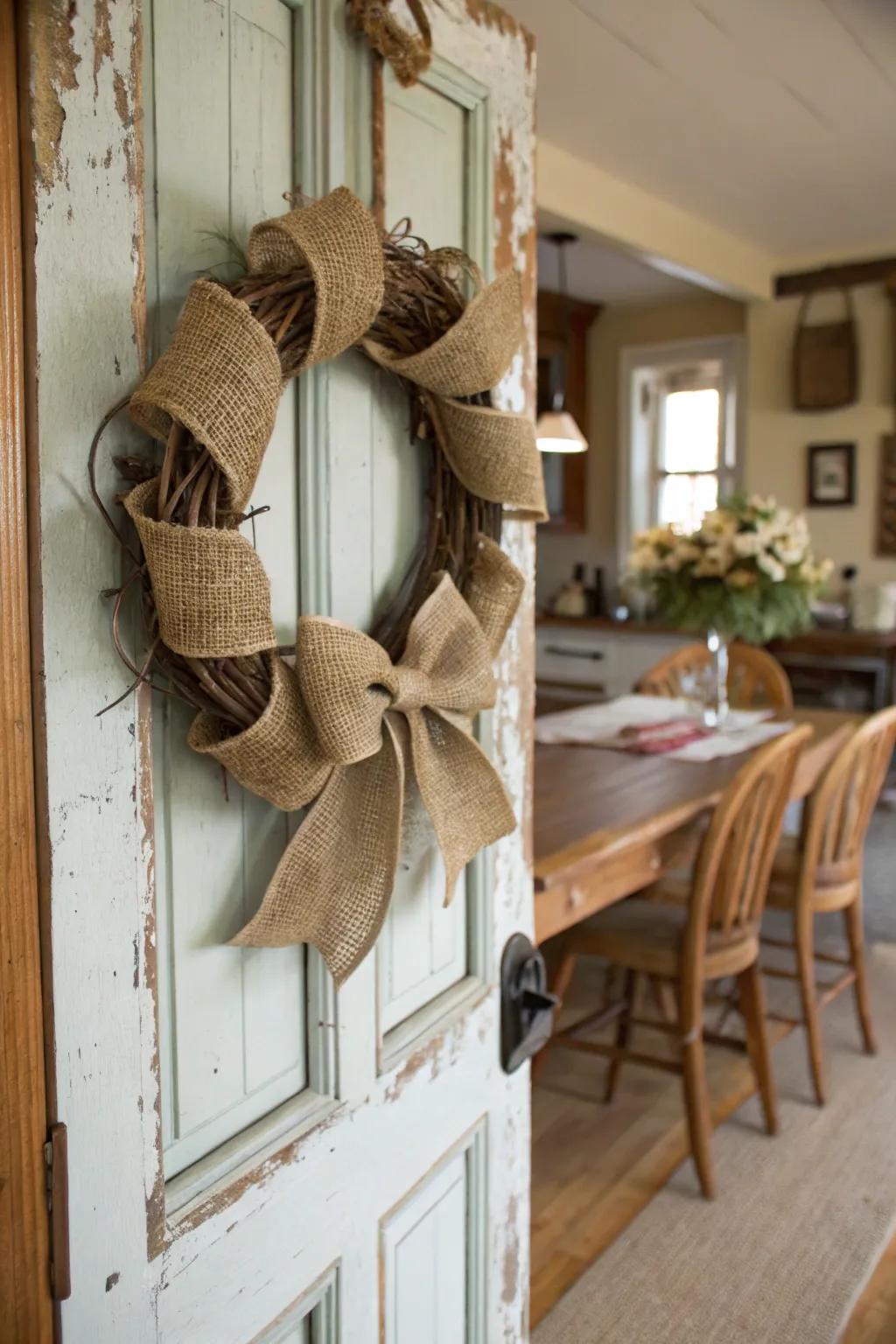 A wreath welcoming using rustic warmth.