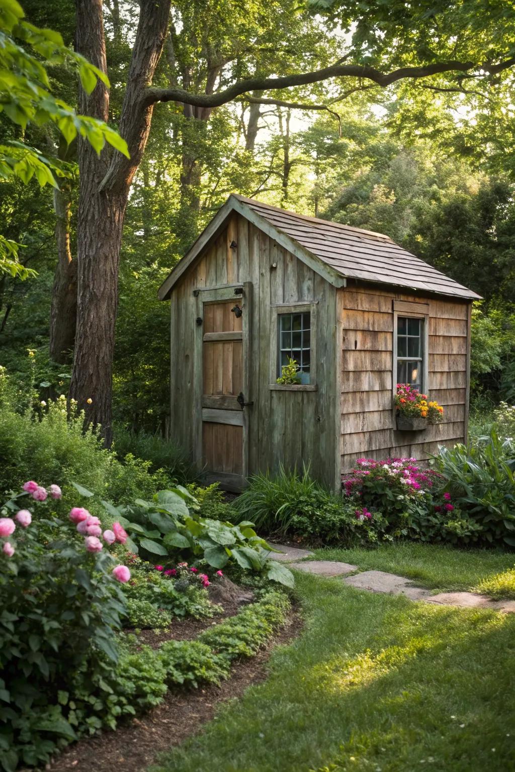 A secluded writing shed encircled by nature’s loving embrace.