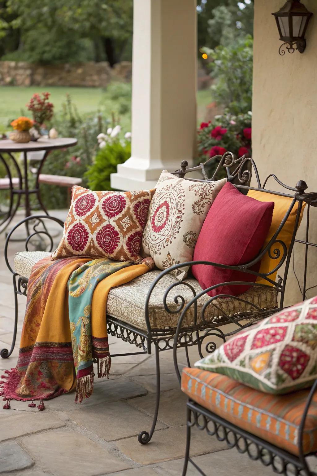 Spirited ornamentation introduces a lively impression to wrought iron furniture.