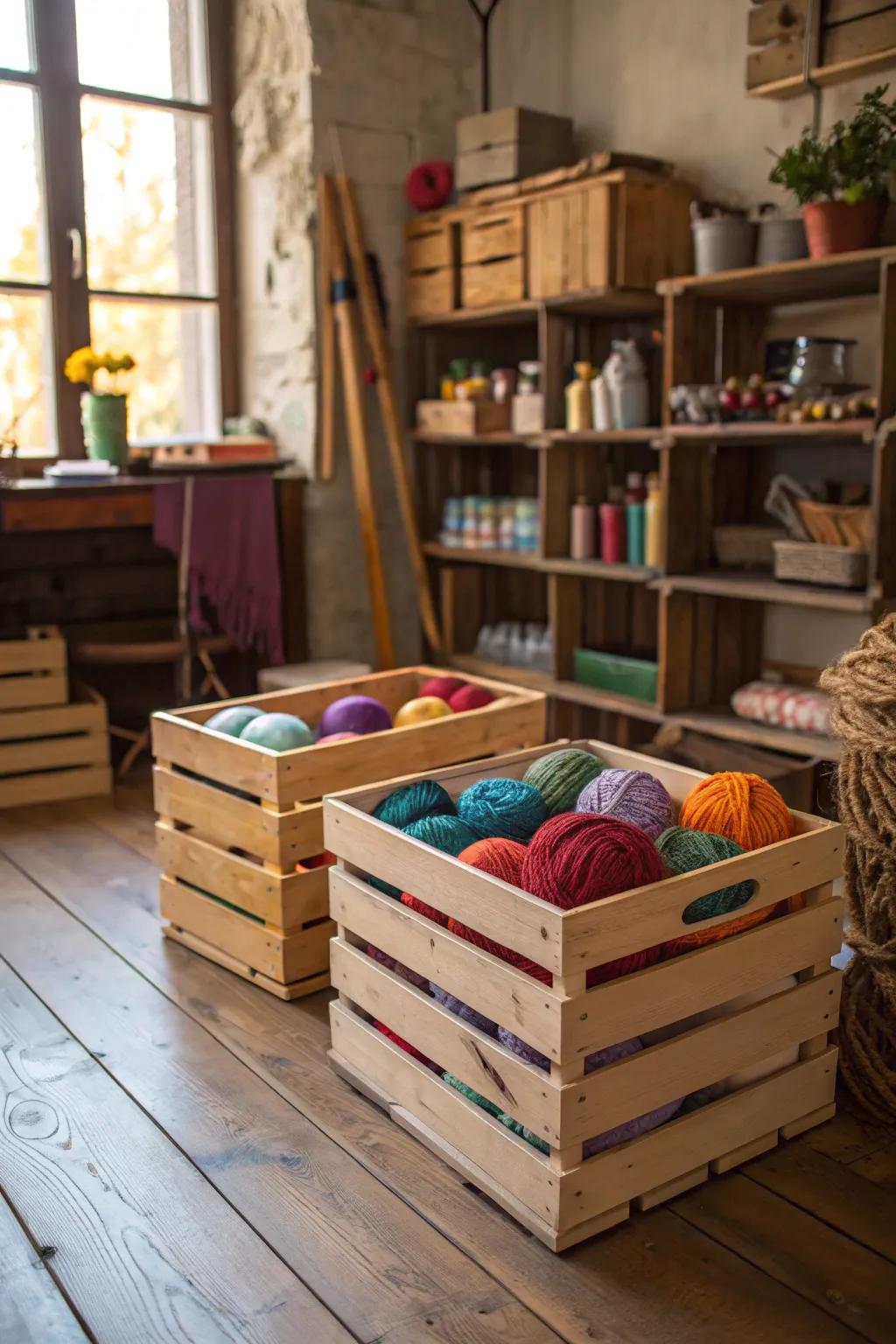Stacked wood crates provide adaptable and country-style yarn storage.