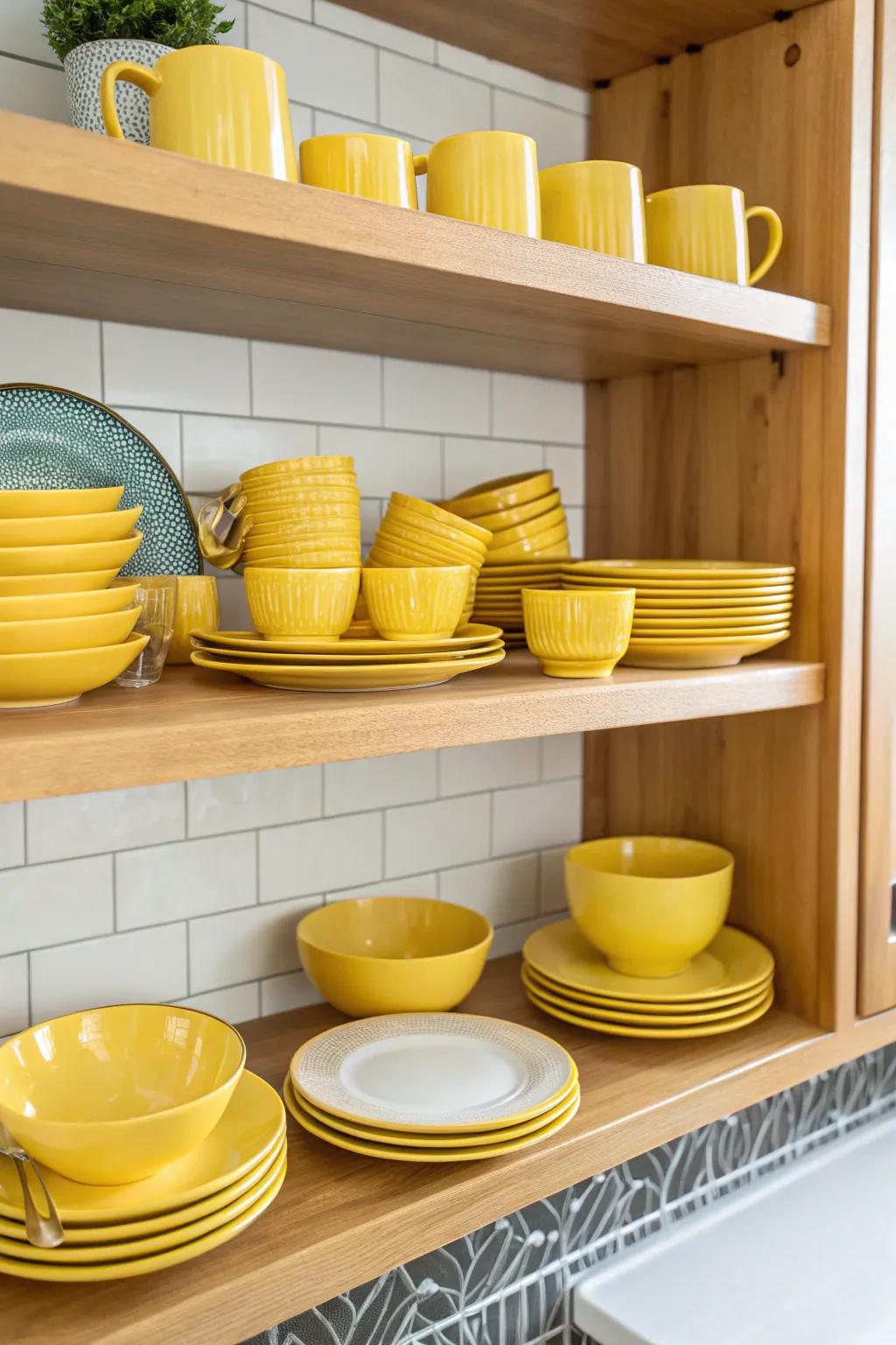 Golden-toned tableware adds color and charm to the kitchen.