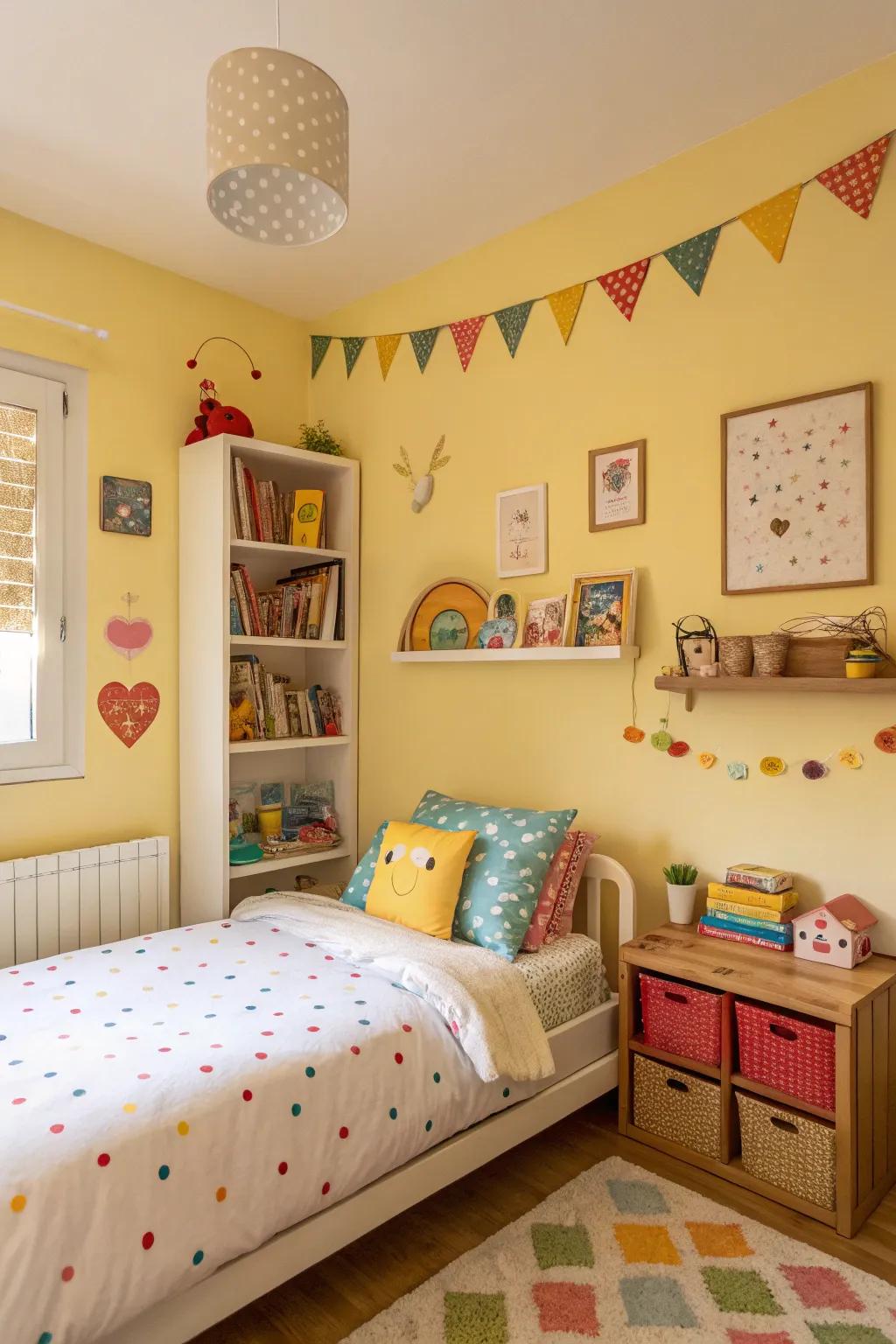 A cozy and playful kid’s room with golden accents.