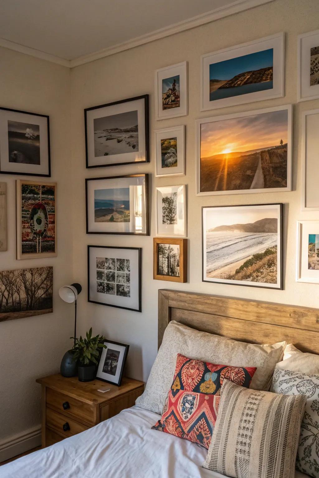 An art display wall adds a personal and artistic flair.