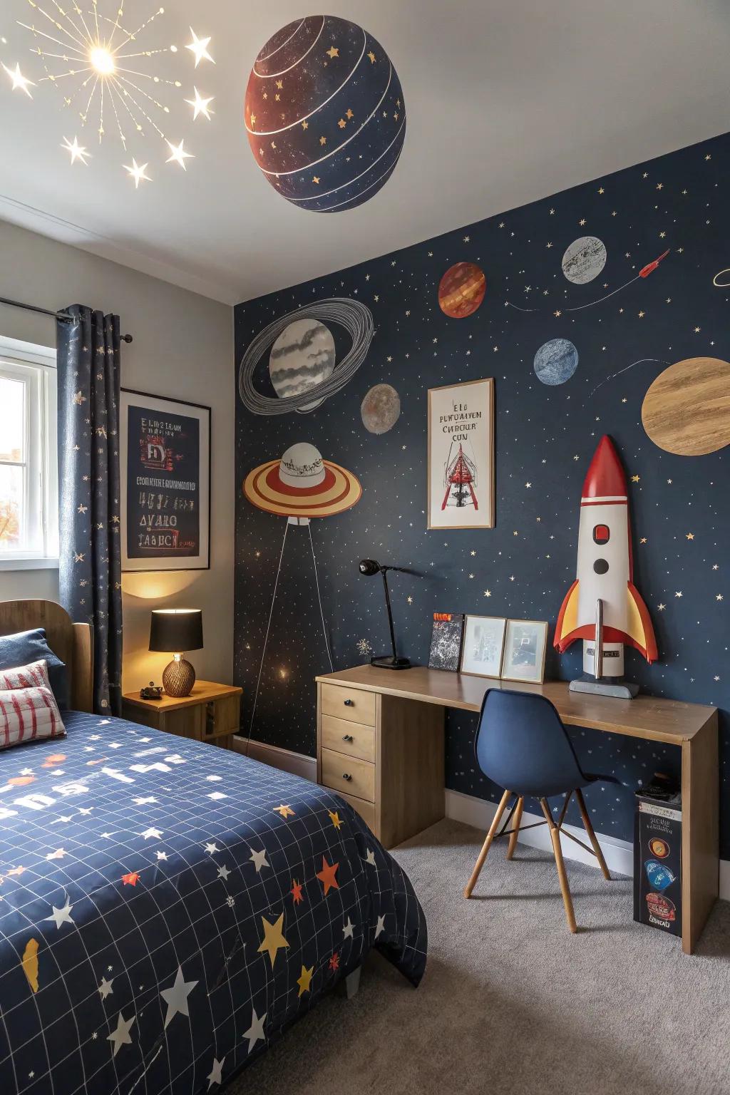 A space-themed space transports a child on an intergalactic journey.