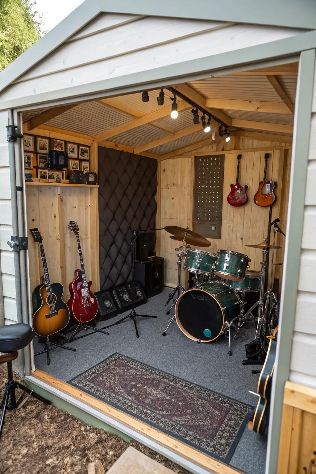 A music studio with soundproofing and instruments for harmonious creativity.