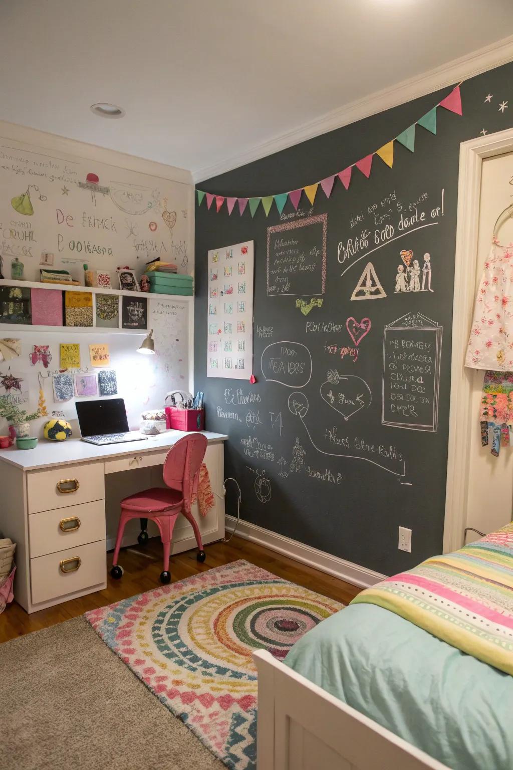 A writing board surface is perfect for creative expression and changing designs.