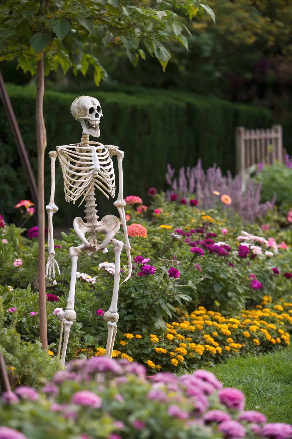 A skeleton in a flowering garden offers a unique visual twist.