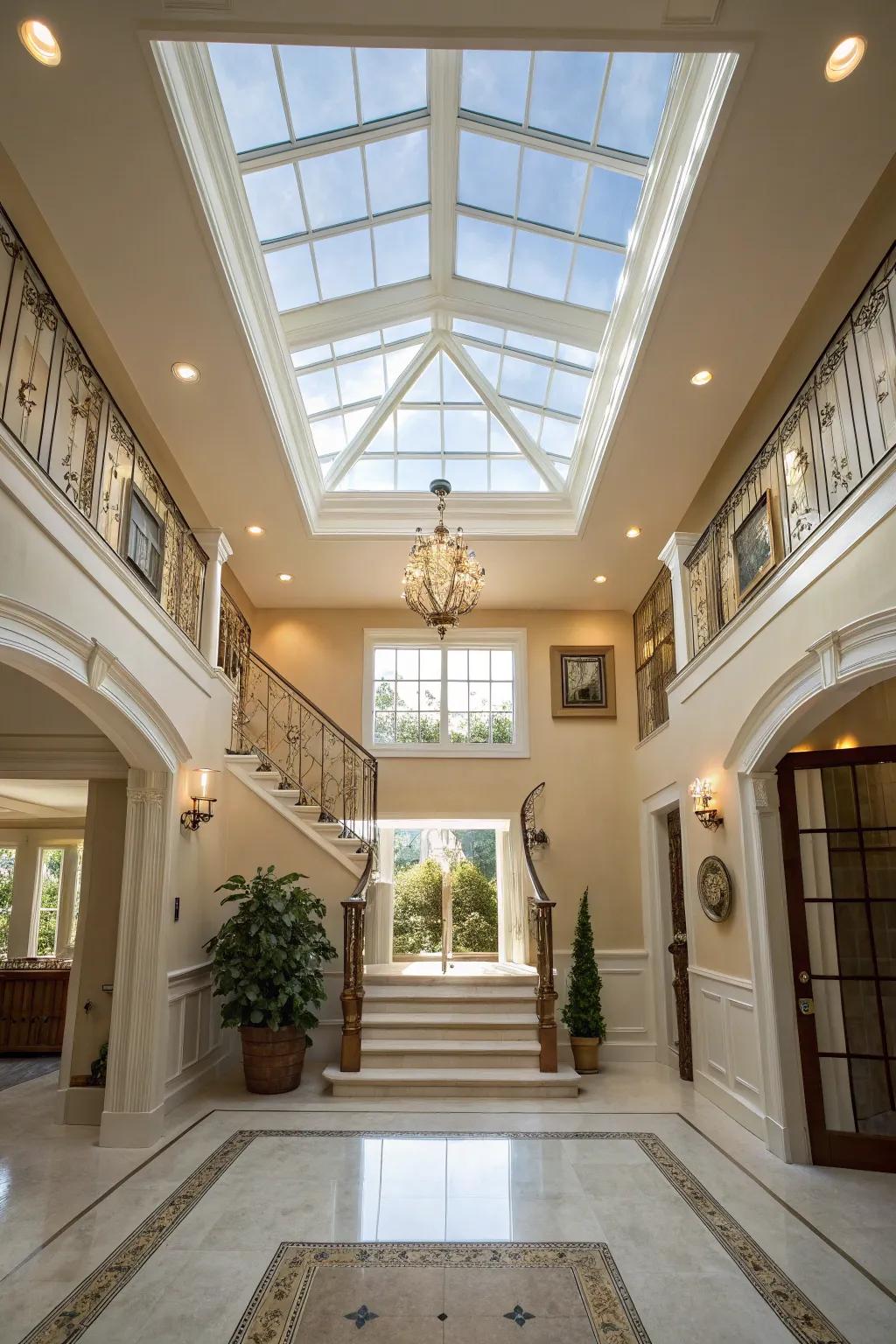 Overhead lights introduce natural light and enhance the entryway's airy feel.