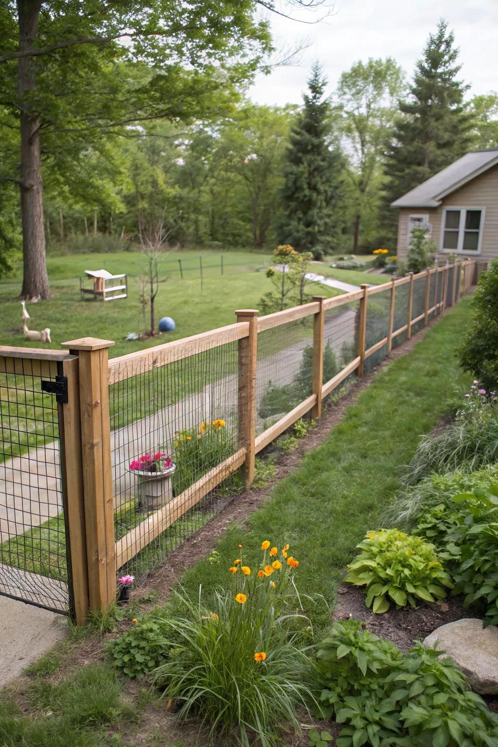 Combine rustic style and practicality with split rail and wire mesh.